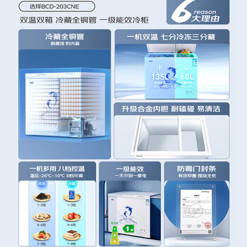 澳柯玛（AUCMA）双温系列203升双箱家用冰柜 冷藏冷冻卧式双门钢板冰箱冷藏全铜管一级能效 BCD-203CNE