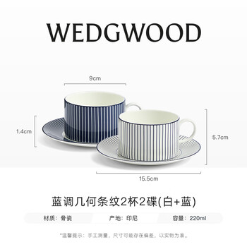 Wedgwood蓝调几何2杯2碟骨瓷咖啡杯碟高颜值下午茶杯碟