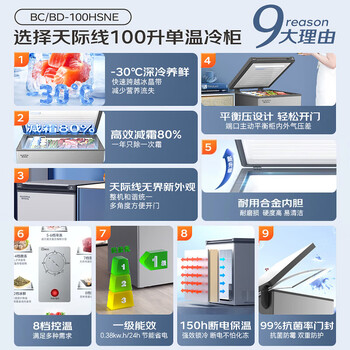 澳柯玛（AUCMA）天际线系列100升单温冷柜低霜家用卧式冰柜顶开门冰箱冷藏冷冻柜一级能效 BC/BD-100HSNE 
