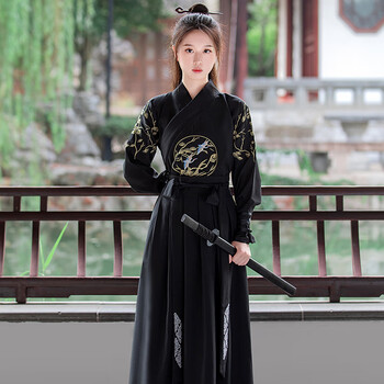 女侠风古装武侠服装黑色汉服女刺绣中国风侠客男女同款交领齐腰襦裙