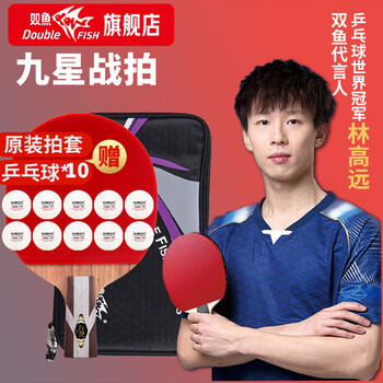 双鱼乒乓球拍直拍 9星九星纯木球拍双面反胶 9D-E 短柄 附拍套