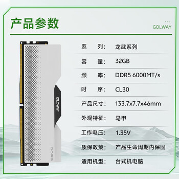 光威（Gloway）32GB DDR5 6000 台式机内存条 龙武 马甲条 海力士A-die CL30 深空银 AI电脑配件升级
