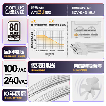 长城（Great Wall）额定1000W F10白色白金牌全模组电源（ATX3.1标准/原生PCIe5.1/自动启停/全电压/闪电加速）
