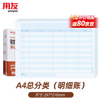 用友凭证纸A4总分类账(明细账) 70g经典 297*210mm 1000份/箱财务软件T3/T6/U8适用账本账簿凭证打印纸KZJ101