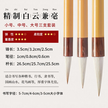 六品堂精制白云毛笔套装 狼羊兼毫斗笔初学入门学生文房四宝提斗小/中楷练字国画书法绘画隶书专用 3支装