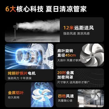 美的（Midea）工业电风扇立式大风量金属扇叶强力商用节能交流定频电扇家用20吋大头扇客厅卧室落地扇 FS45-23A