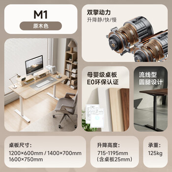 Brateck北弧双电机电动升降桌台式电脑桌办公桌学习桌电竞桌家用书桌子M1
