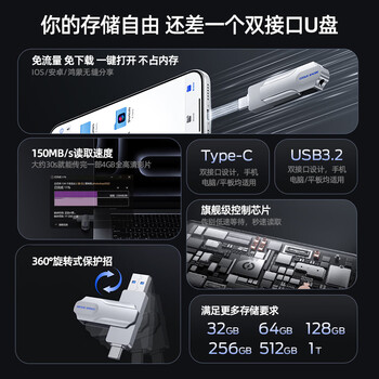 移速（MOVE SPEED）128GB 手机U盘双接口大容量 Type-C/USB3.2手机电脑两用高速优盘OTG安卓苹果通用移动U盘 灵动Pro