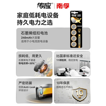 传应南孚石墨烯CR2032纽扣电池5粒3V锂电池适用大众奥迪宝马等汽车钥匙遥控器小米盒子耳温枪等cr2032