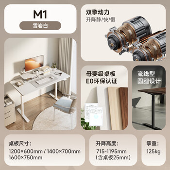 Brateck北弧双电机电动升降桌台式电脑桌办公桌学习桌电竞桌家用书桌子M1
