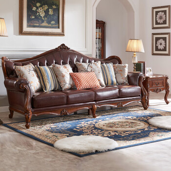 通用格澜帝尔欧式全实木四人位真皮轻奢沙发美式客厅组合贵妃椅脚踏