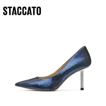 思加图(staccato)2022秋季新款星空鞋尖头浅口单鞋高跟鞋女鞋 深蓝 34