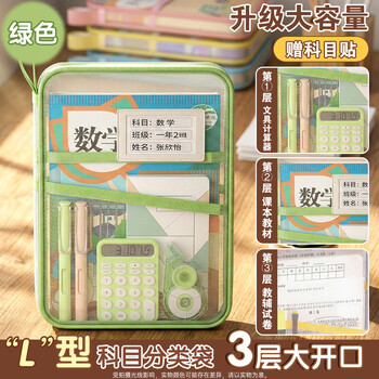少年伴文件袋科目袋A4网纱透明拉链环保小学生初中高开学必备L型加厚办公文具 绿 三层大容量