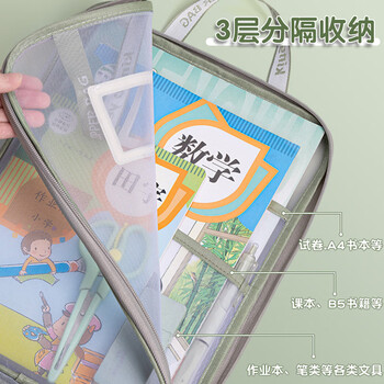 少年伴文件袋科目袋A4网纱透明拉链环保小学生初中高开学必备L型加厚办公文具 绿 三层大容量