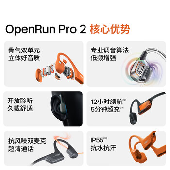 韶音（SHOKZ）OpenRun Pro 2骨传导耳机运动耳机跑步骑行开放式蓝牙耳机无线耳机超长续航 砂石黑