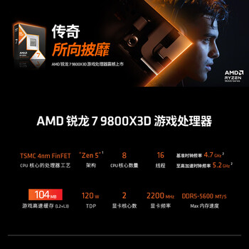 AMD锐龙 7 9800X3D 游戏处理器 8核16线程104MB游戏缓存盒装CPU 畅玩打瓦/三角洲/CSGO 千帧电竞