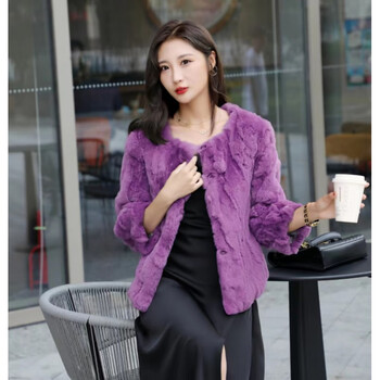 外套女新款秋冬大码懒兔皮毛一体外套短款女 紫色【獭兔毛真皮草】 s
