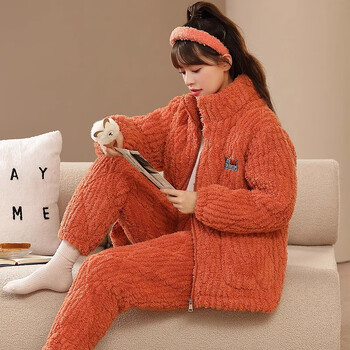 京蝌蝌睡衣女冬季三层夹棉加厚法兰绒纯色冬天珊瑚绒女士保暖家居服