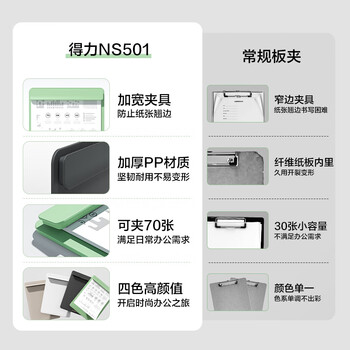 得力（deli）A4板夹文件夹板加宽夹具 写字板夹书写垫板学生资料收纳办公报告夹 2023金点奖办公用品 绿 NS501