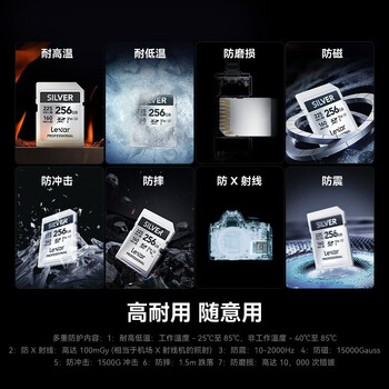 雷克沙（Lexar）256GB SD存储卡 U3 V30 佳能索尼富士尼康相机高速SD卡 读225MB/s 写160MB/s 4K超清录制 SD银卡