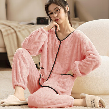 南极人睡衣女秋冬珊瑚绒加绒加厚提花家居服女士新款法兰绒舒棉绒粉色