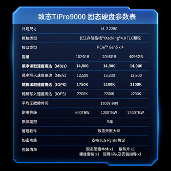 致态（ZhiTai）长江存储 4TB SSD固态硬盘 NVMe M.2接口 TiPro9000 系列 (PCIe 5.0 产品) 附赠散热器
