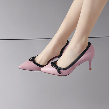 单鞋女春夏秋季新款女生蝴蝶结拼色单鞋女 真皮尖头高跟女皮鞋办公室