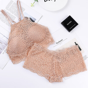 日系少女蕾丝内衣女无钢圈聚拢文胸厚薄上托收副乳小胸罩套装 肉色