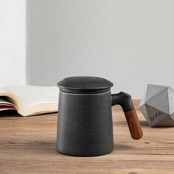 平仄茶水分离杯泡茶杯380ml木柄陶瓷杯马克杯高颜值办公室水杯茶杯 