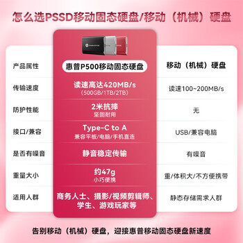 HP惠普 500G 移动固态硬盘P500（PSSD）USB3.2 ssd Type-C高速传输 超薄时尚 手机直连 银色