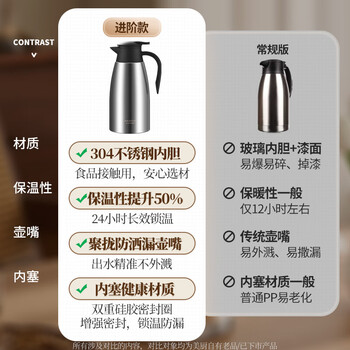 美厨（maxcook）保温壶热水瓶 304不锈钢真空暖水壶家用大容量开水瓶2L本色MCB390