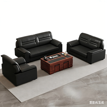 隆旭办公沙发简约商务会客酒店大堂接待沙发 3+2+1+功夫茶几(牛皮)