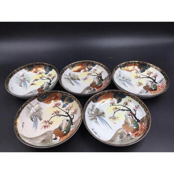 [全球拍] 玉峰 老九谷青粒描金人物赏盘一组