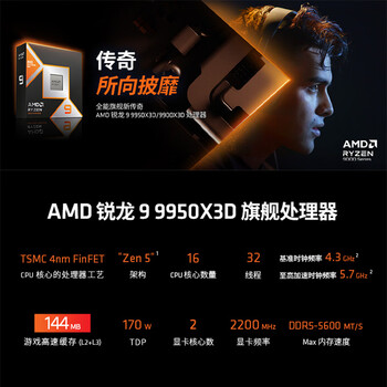 AMD锐龙9 9950X3D处理器16核32线程144MB缓存至高5.7GHz盒装CPU生产力 千帧电竞畅玩打瓦/三角洲/CSGO