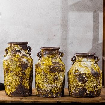 双耳复古陶瓷罐子 仿古做旧中式古朴风庭院展厅展会工艺品 花瓶 三个