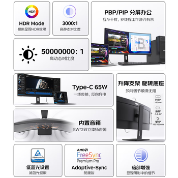 AOC办公显示器 34英寸 超宽屏环绕式曲面带鱼屏 Type-C 100Hz 设计剪辑办公电脑显示屏 CU34P2C