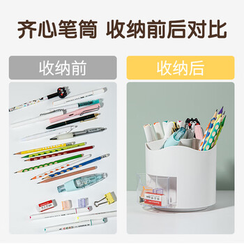 齐心（COMIX）笔筒360°旋转7格多功能分区大容量儿童学生桌面收纳盒笔盒学习用品开学礼物 EB707白