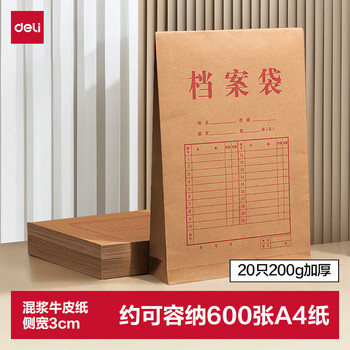 得力（deli）20只A4混浆200g加厚牛皮纸档案袋 礼品袋票据保护大容量收纳侧宽6cm标书合同文件资料袋 P64101
