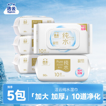 洁云EDI纯水湿巾80抽*5包整箱 无香不含酒精母婴适用 10道净化湿纸巾