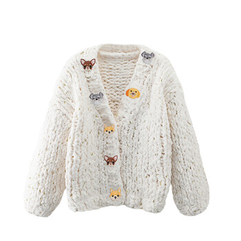 地·素dz·zit女装daizze 白同鹿款卡通大扣子毛衣女秋冬粗棒针毛线