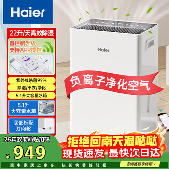 海尔（Haier）除湿机/抽湿机除湿量22升/天家用轻音除湿器干衣负离子净化+UV杀菌CF22-JY1U1