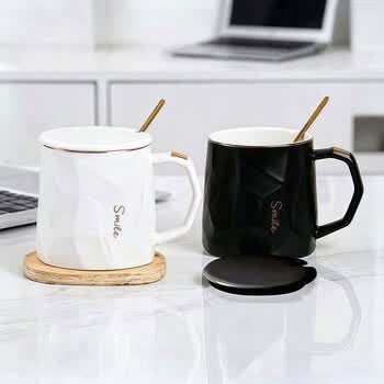 几物森林 陶瓷马克杯带盖大容量咖啡杯情侣杯牛奶杯早餐水杯男女茶杯黑色