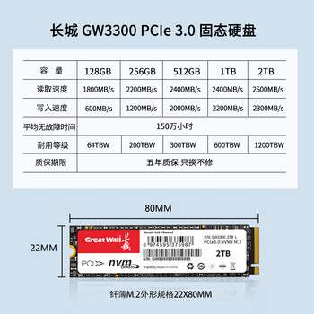长城（Great Wall）1TB SSD固态硬盘 M.2接口(NVMe协议)PCIe 3.0 GW3300系列 