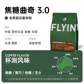 FLYING HIPPO焦糖曲奇意式拼配咖啡豆拿铁美式油脂丰富现磨浓缩咖啡豆500g