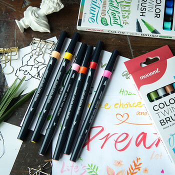 慕那美（monami）彩色秀丽笔软头弹性手帐软毛笔brush英文花体彩绘笔6色套装SEA04038Z06-S水彩笔