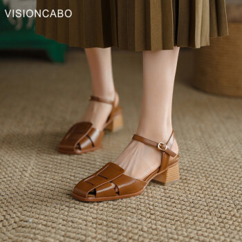 VISIONCABO威森卡伯 粗跟凉鞋女复古包头凉鞋罗马鞋 棕色 35