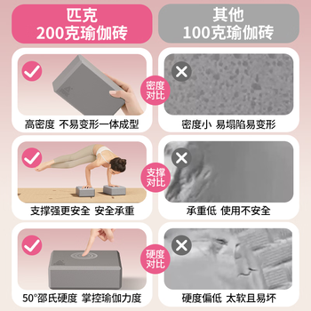 匹克瑜伽砖高密度环保舞蹈砖儿童练功泡沫砖成人瑜伽辅助工具一对粉灰