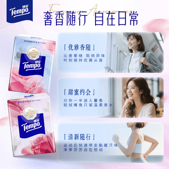 得宝（TEMPO）国际大师调香 玫瑰之域 对半撕手帕纸4层7张*12包  XL码纸巾小包