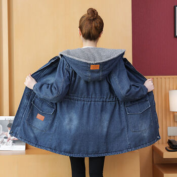 收腰中长款加绒连帽牛仔棉衣外套女秋冬韩版宽松加厚保暖棉服定制联名