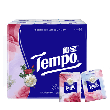得宝（TEMPO）国际大师调香 玫瑰之域 对半撕手帕纸4层7张*12包  XL码纸巾小包